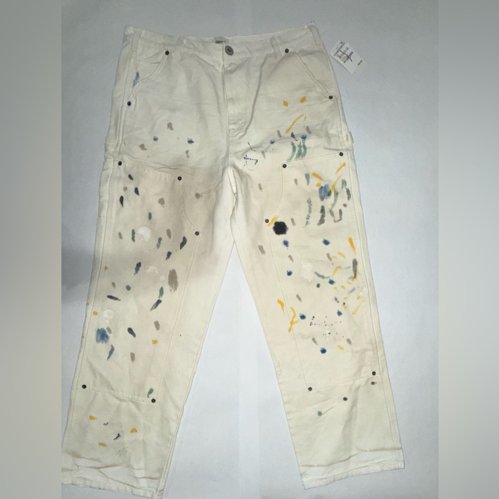 New! Elwood Men's Designer Cream Distressed Jeans with Multicolored Paint-Effect